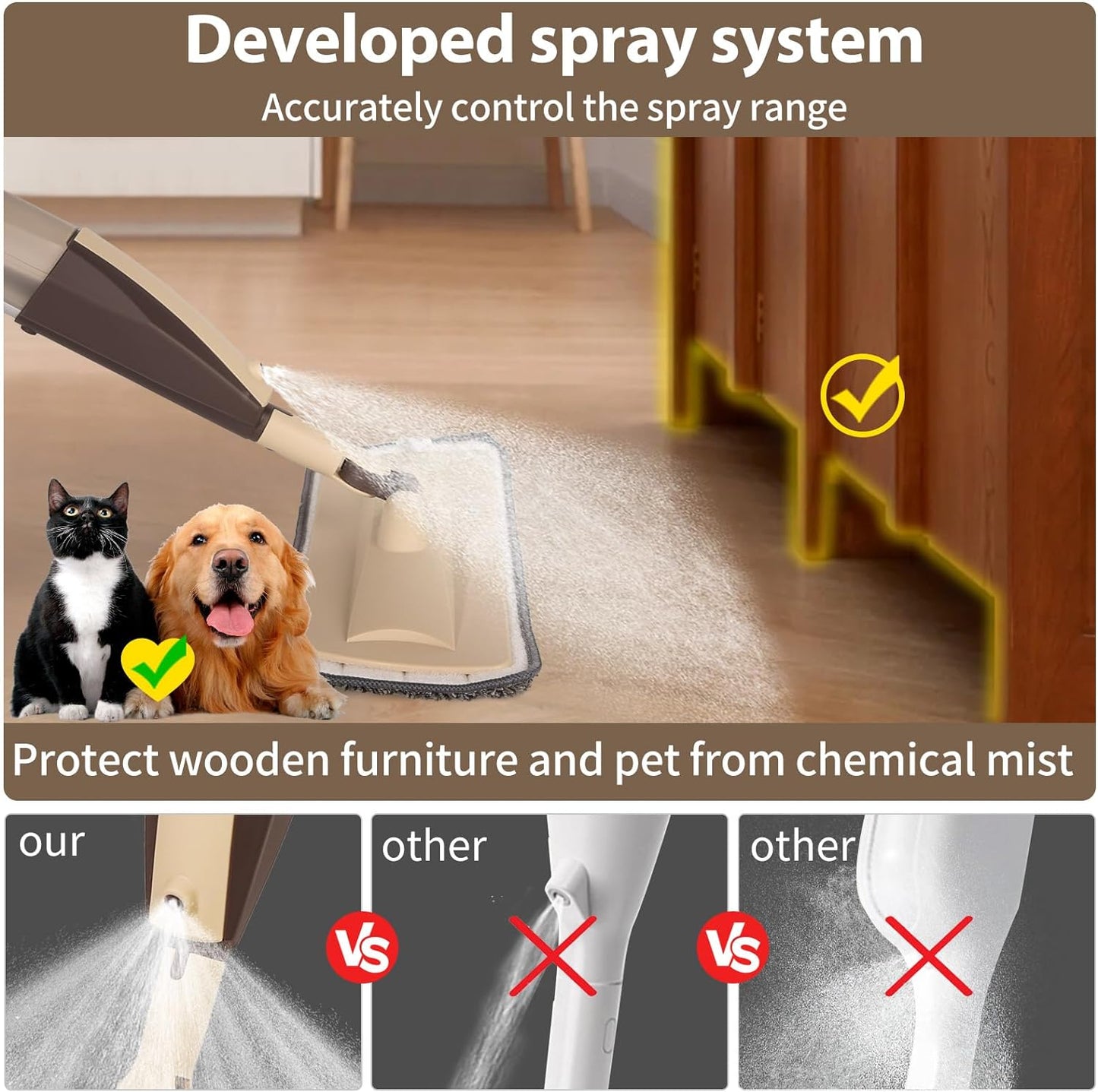 Mops for Floor Cleaning, 50 inch Spray Mop with 400ml Refillable Bottle and 2 Replacement Pads Dry Wet FloorCleaning Household or Commercial Use for Hardwood Laminate Tile Ceramic (Brown)