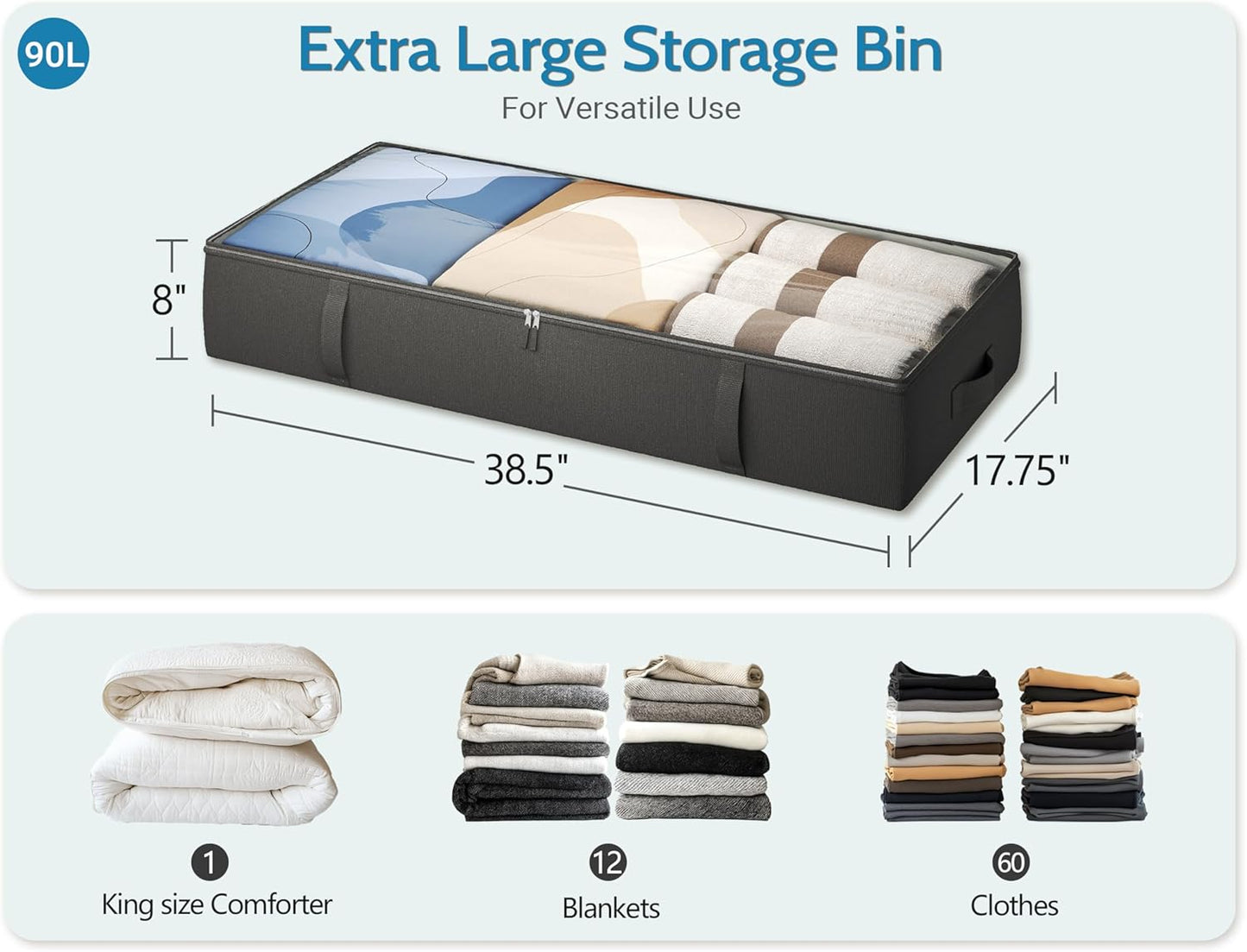 2-Pack Under Bed Storage Containers, 8 Inches Tall Underbed Clothes Storage Organizer Bin with Sturdy Sidewalls/Bottom, Under the Bed Storage Bags 2 Storage Bins, Black