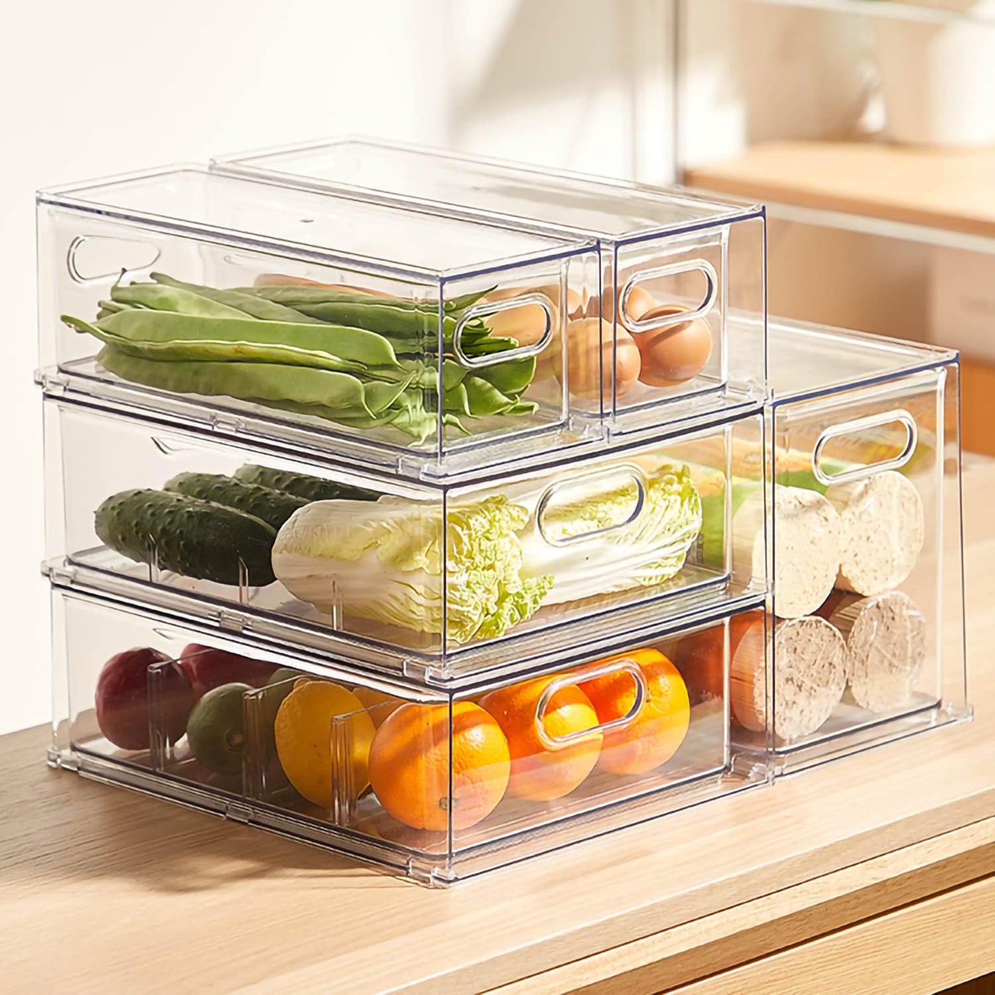 MineSign 4 pack Stackable Refrigerator Organizer Bins Pull-Out Drawers for Fruit and Veggies Storage Organizer for Fridge Clear Drawer Containers with Handle Divided Organization for Produce Saver