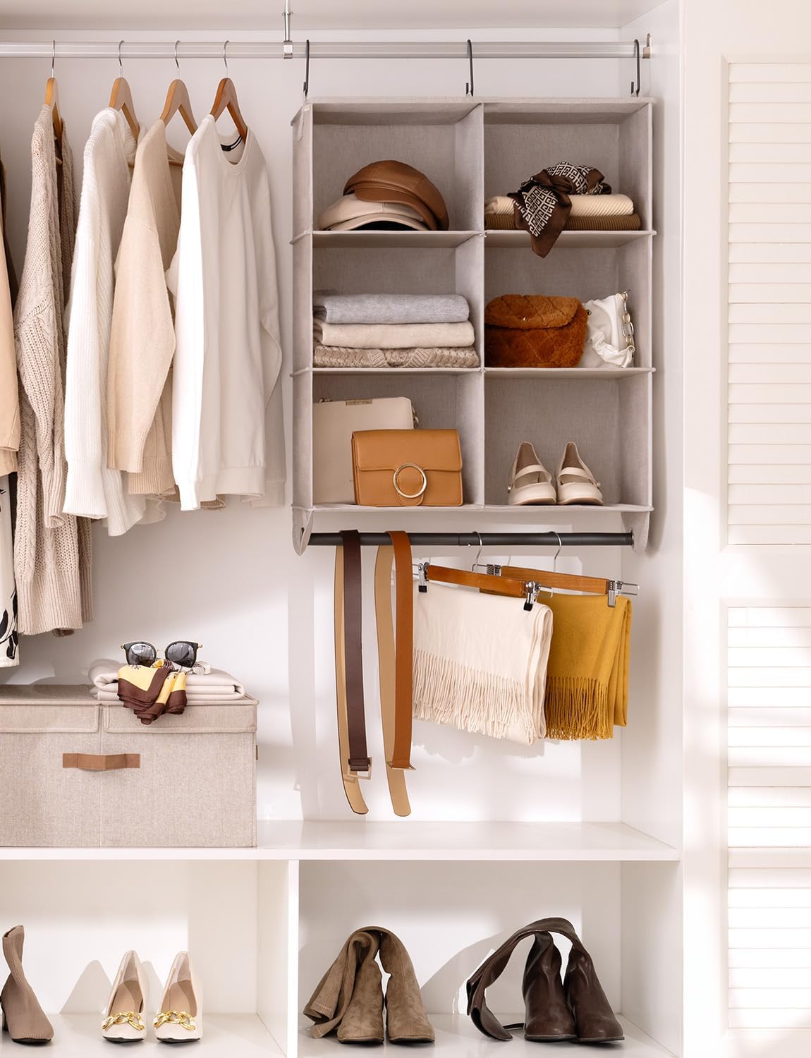 StorageWorks Hanging Closet Organizer with Metal Rod, 6-Section Closet Organizers and Storage, Collapsible Hanging Shelves for Wardrobe Organizer, Nursery, Bedroom, Light Khaki