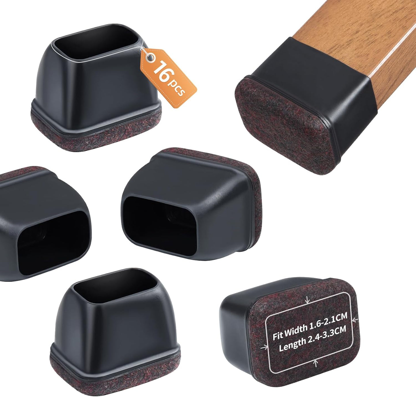 Ezprotekt 16 Pcs Rectangle Black Felt Chair Leg Floor Protectors for Hardwood Floors, Rectangle Silicone Felt Furniture Pads Caps, Table Leg Covers Cups Anti- Scratches (Fit W:0.6-0.8", L:0.9-1.3")