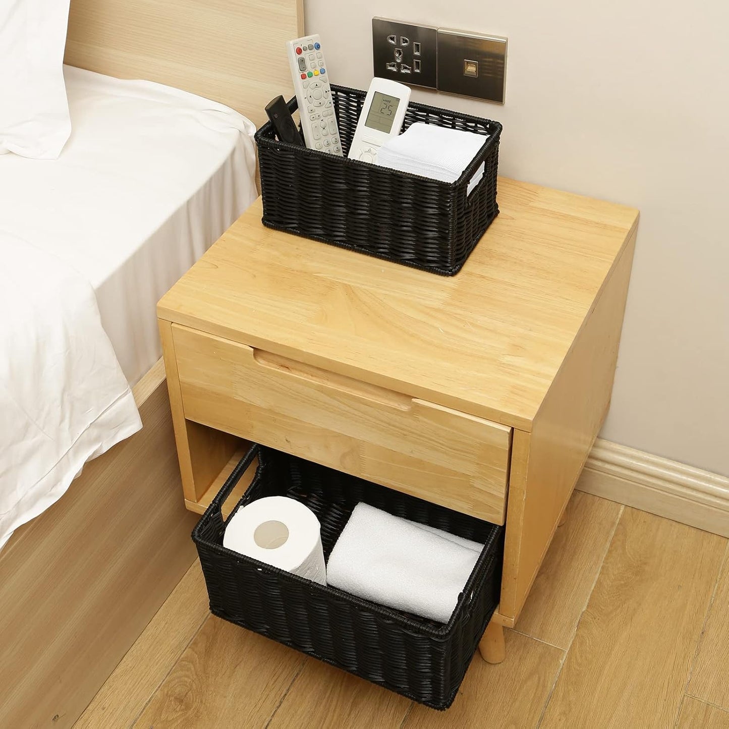 HOONEX Wicker Baskets for Storage, Plastic Baskets for Organizing with Dual Handles, Woven Baskets for Storage, Set of 2, Black