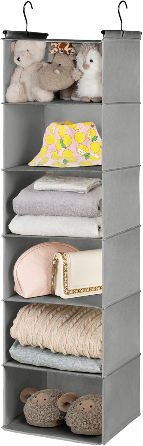 GRANNY SAYS 6 Shelf Hanging Closet Organizers and Storage, Collapsible Closet Hanging Organizer with 2 Sturdy Hooks, Large Hanging Shelves for Kids Baby Clothing Organizer, Ash Gray
