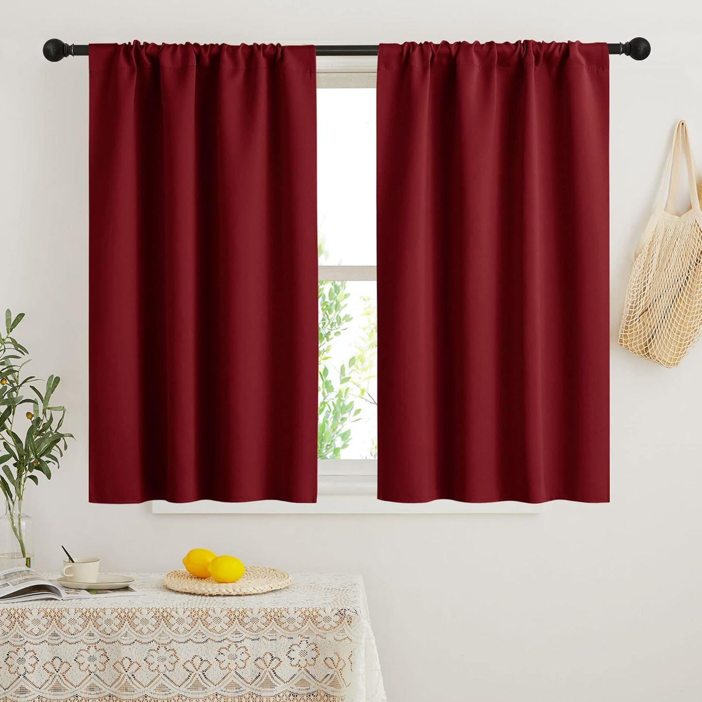 RYB HOME Kitchen Curtains 45 inch Length 2 Panels Set, Privacy Assured Drapes Room Darkening Small Window Treatment for Cafe Bathroom, W34 x L45 inch, Burgundy Red