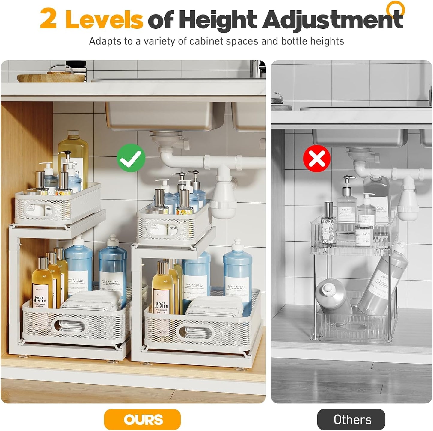 2-Pack Under Sink Storage Organizer with 2-Tier Slide Out Drawer, Sophisticated Mesh Pull Out Shelf for Kitchen & Bathroom, Fits Small Items, Upgraded Arched Track for Smooth Gliding(Patented)