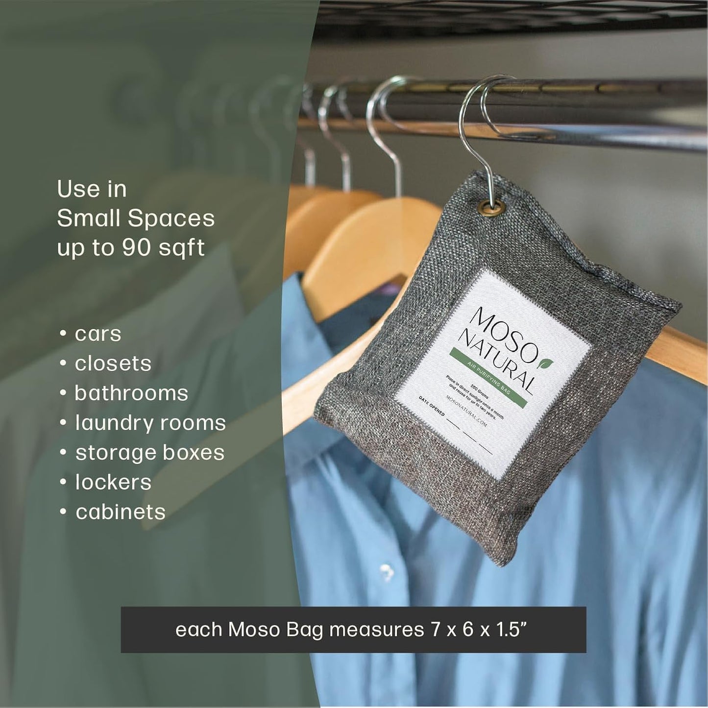 Moso Natural Air Purifying Bag 200g | Premium Bamboo Charcoal Odor Absorber for Home & Car | Closet Odor Eliminator, Small Room Deodorizer & Car Air Freshener | Long Lasting Charcoal Bags Cover 90sqft