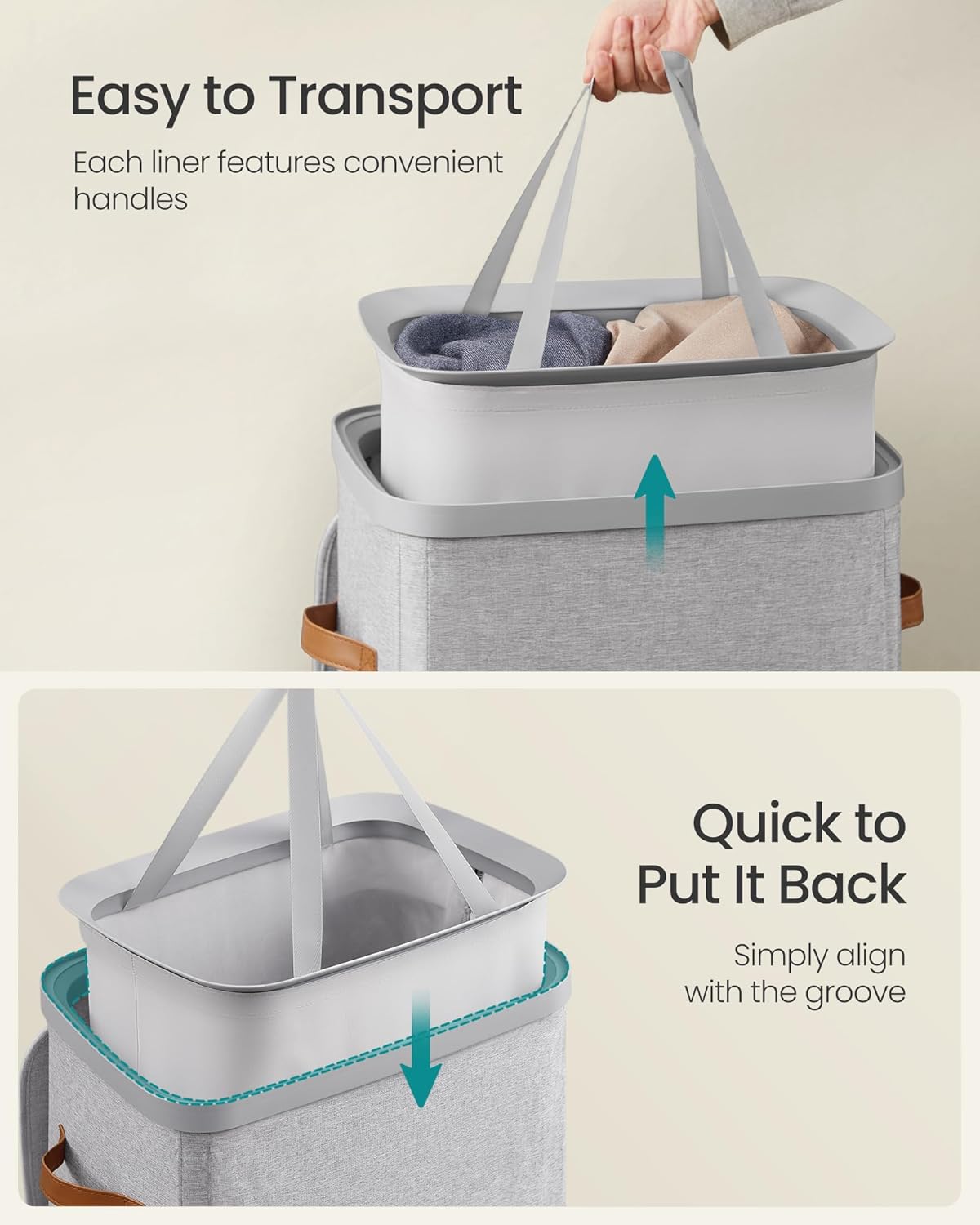 SONGMICS Laundry Basket, 26.4 Gal. Laundry Hamper, Easy Assembly, with Lid and Handles, Removable Liner, 16.5 x 12.6 x 29.5 Inches, Dove Gray ULCB811GD01