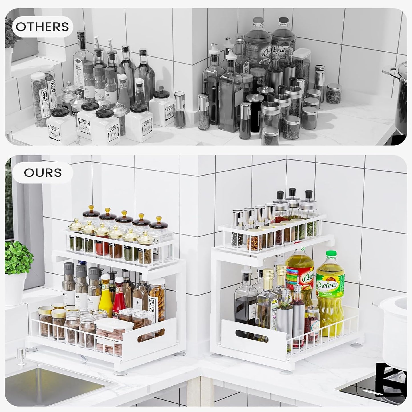 2 Pack Under Sink Organizer, 2-Tier Heavy Duty Metal Pull Out Cabinet Organizer Slide Out Sink Shelf Organizer Height Adustable, Multi-Purpose Storage Shelf for Kitchen Bathroom (White, 2 Pack)