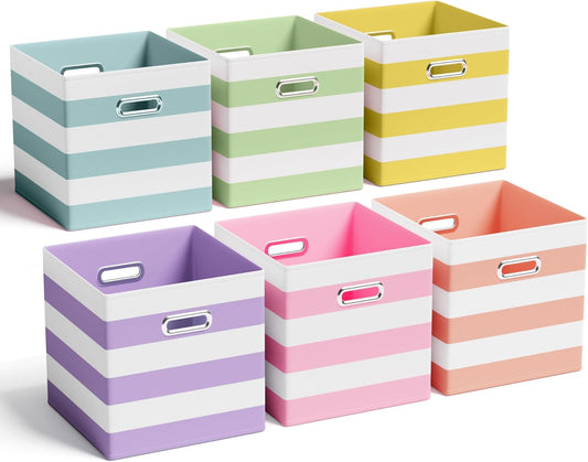 6 Pcs Fabric Storage Cubes Bins with Metal Handle Christmas Storage Bin 11 Inch Macaron Colored Striped Collapsible Bins Holiday Storages Organizer for Gift Books Kids Room Closet and Toys