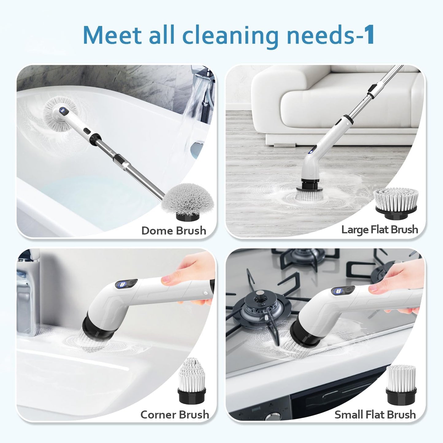 TUYU Electric Spin Scrubber, Full-Body IPX7 Waterproof Bathroom Scrubber with Power LCD Display, 8 Replacement Head, Adjustable Extension Handle, Cordless Shower Cleaner Brush for Bathtub Cleaning