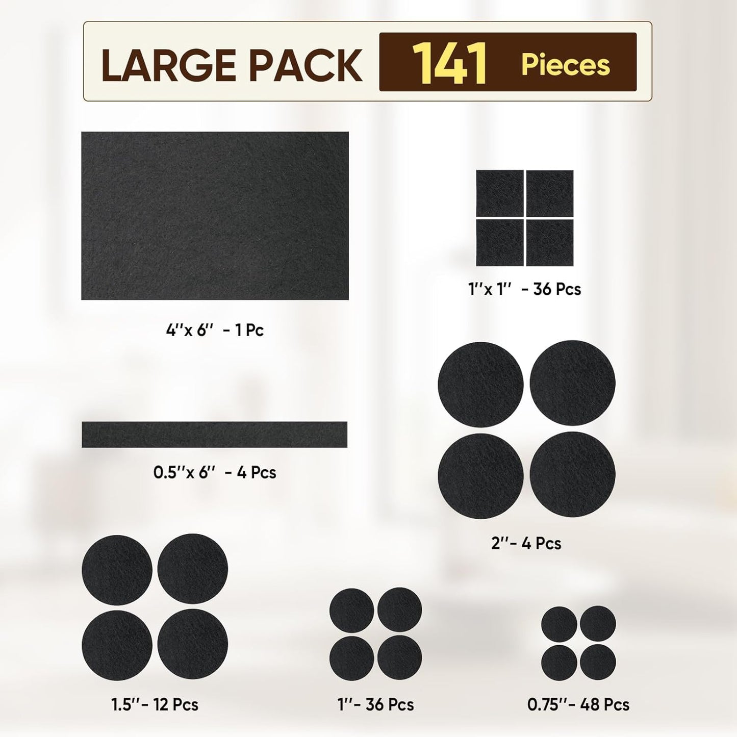 BALEINE 141PCS Felt Furniture Pads, Multi-Size Felt Pads for Chair Legs, Tables, Beds, Scratch-Reducing Floor Protectors for Hardwood Floors, Tile, Vinyl, and Laminate (141PCS, Black)