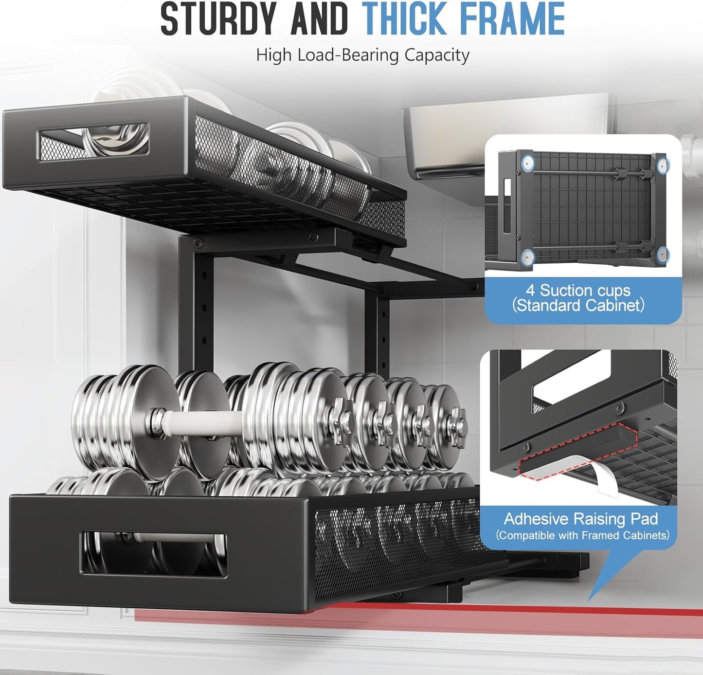 2 Pack 17IN Depth Under Sink Storage Organizer, Large 2-Tier Elegant Mesh Pull Out Shelf for Kitchen and Bathroom Cabinet Organization, L-Shaped and Adjustable Height Design-Black