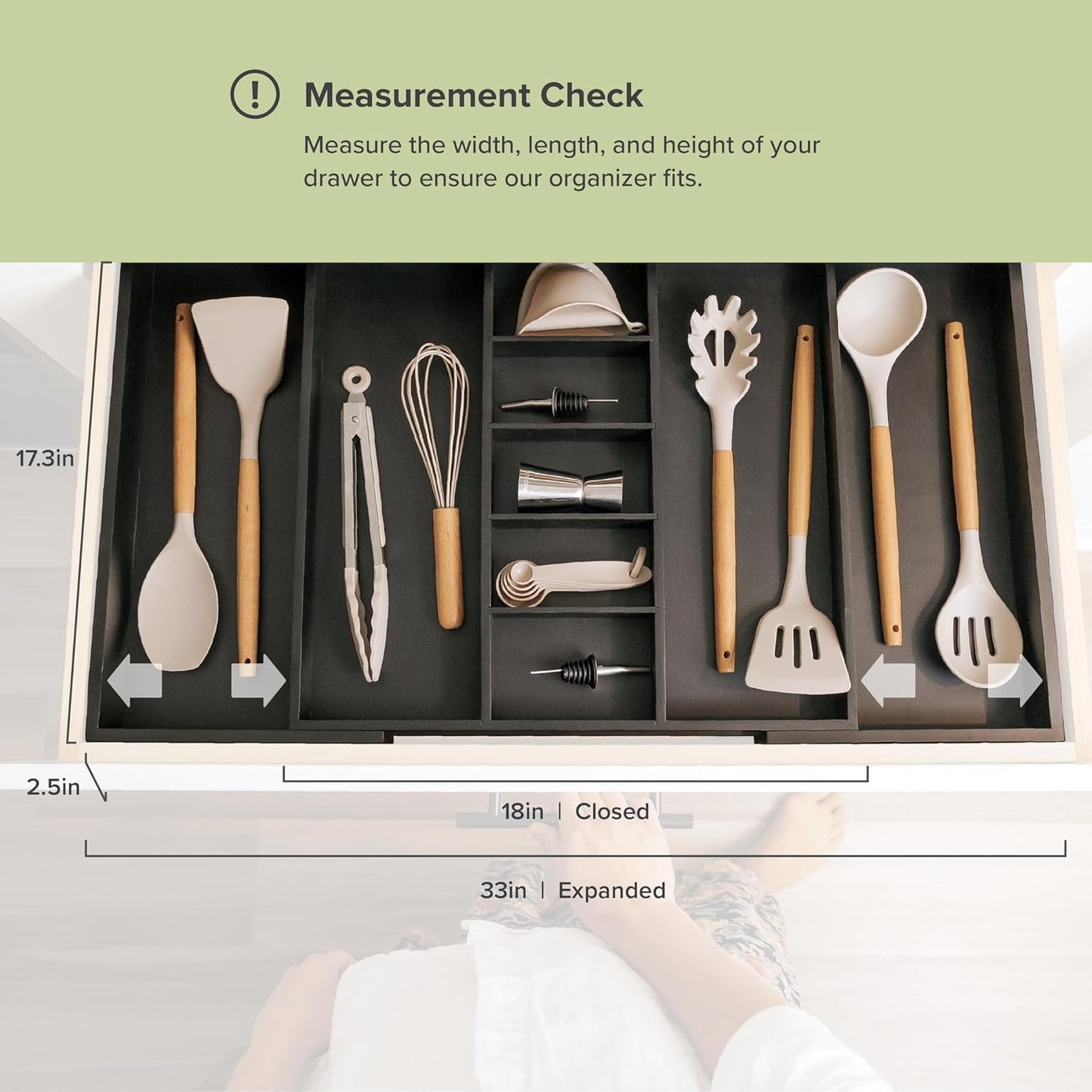 KitchenEdge Adjustable Kitchen Drawer Organizer for Utensils and Junk, Food-Safe Contract Grade with 100% Sustainable Wood, Expandable from 19 to 33 Inches Wide - Black Bamboo