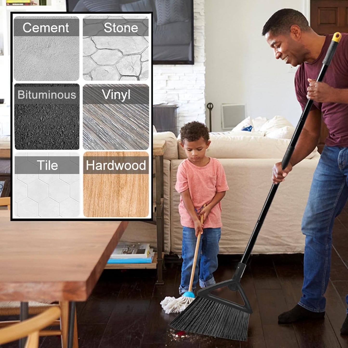 Heavy Duty Broom Outdoor and Indoor, 2 Pack Commercial Angle Brooms with Longer Handle, Perfect Black Broom for Garage, Kitchen, Courtyard, Restaurant