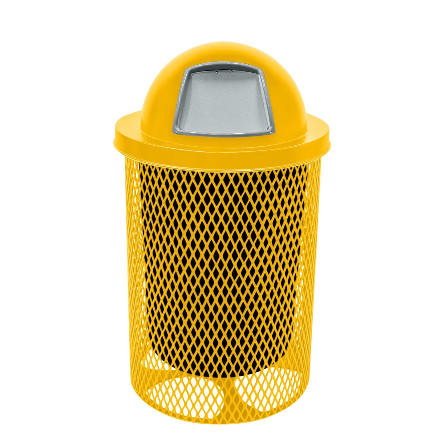 COATEDOUTDOORFURNITURE 32-Gallon Heavy-Duty Expanded Metal Round Trash Receptacle, Commercial Outdoor Waste Bin with Liner & Dome Lid – Made in America (Textured Yellow)