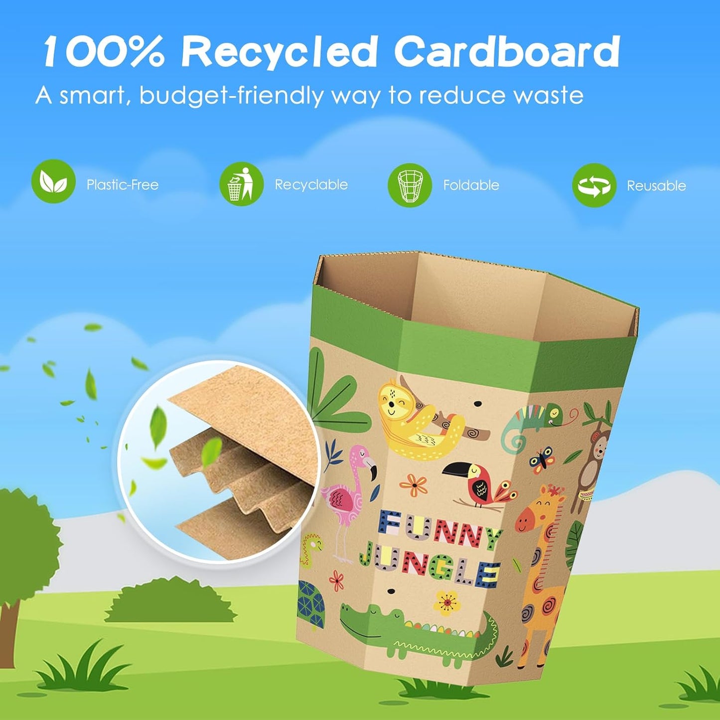 6-Pack Cardboard Trash Can – Foldable, Recyclable, Plastic-Free & Reusable Small Waste Paper Basket for Kids - Garbage Bin Perfect for Bedrooms, Playrooms, Children's Room & Outdoor (2.1 Gallon)