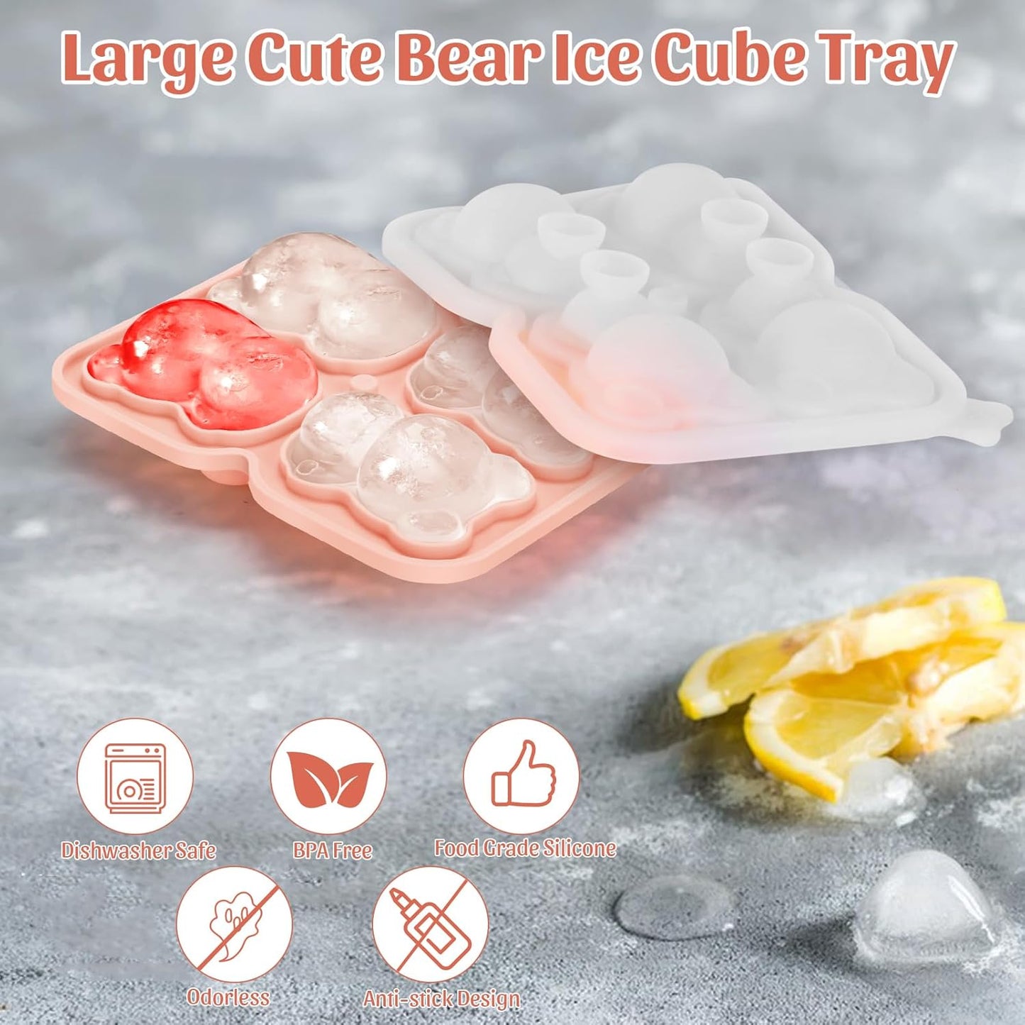 Silicone Ice Cube Tray,Bear 3D Large Ice Cube Molds for Whiskey,Cocktails,Wine,Juice and Bourbon,4 Big Cute Animal Ice Trays for Freezer with Lid Easy-Release BPA Free(Bear)
