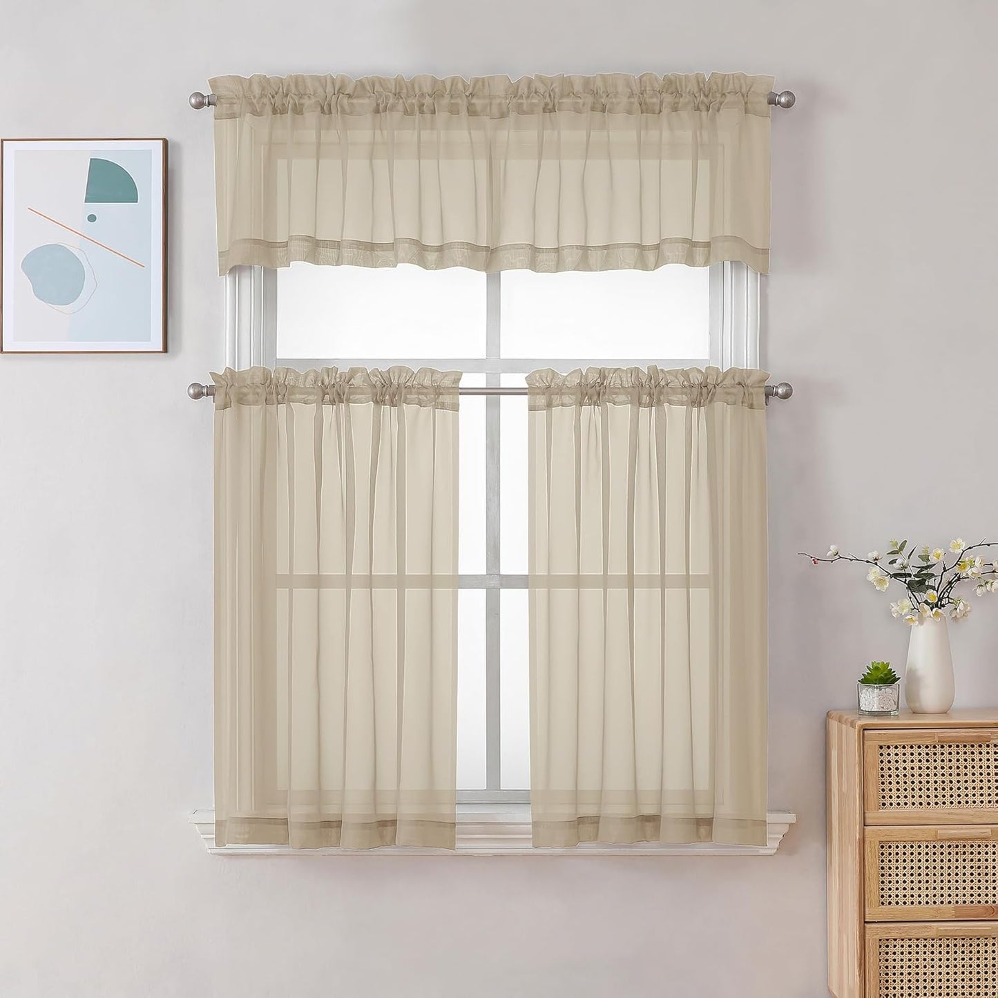 Chyhomenyc Taupe Sheer Curtains 30 inch Length 2 Panels, Light Filtering Voile Rod Pocket Short Window Curtians for Bathroom Living Room Farmhouse Small Windows, 42Wx30L inches