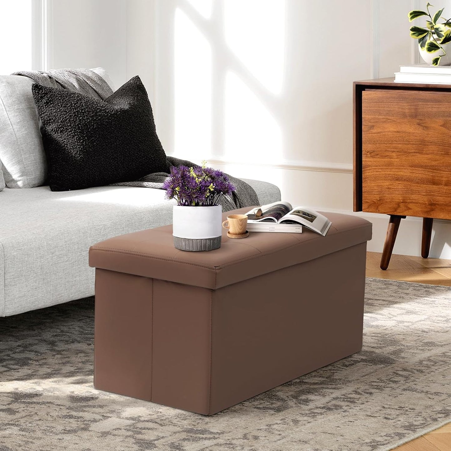 Athena Collection 30" Storage Ottoman Bench Folding Bench with 90L Hidden Storage, Large End of Bed Bench PU Leather Foot Rest Stool Chest with Flipping Lid for Living Room, Bedroom, Entryway, Brown