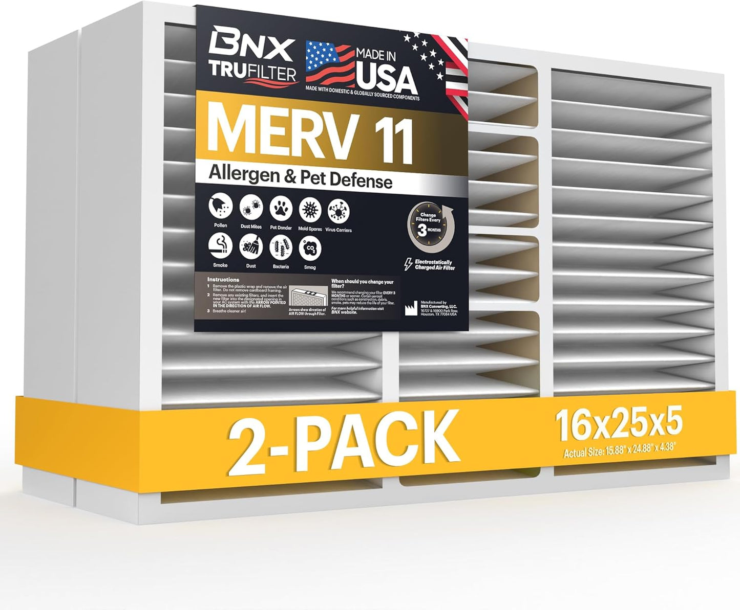BNX TruFilter 16x25x5 (15.88’’ x 24.75’’ x 4.38‘’ Honeywell Compatible 4”) MERV 11 Air Filter (2-Pack) - MADE IN USA - AC Furnace Filters for Allergies, Dust, Pet, Smoke, Allergy MPR 1200 FPR 7
