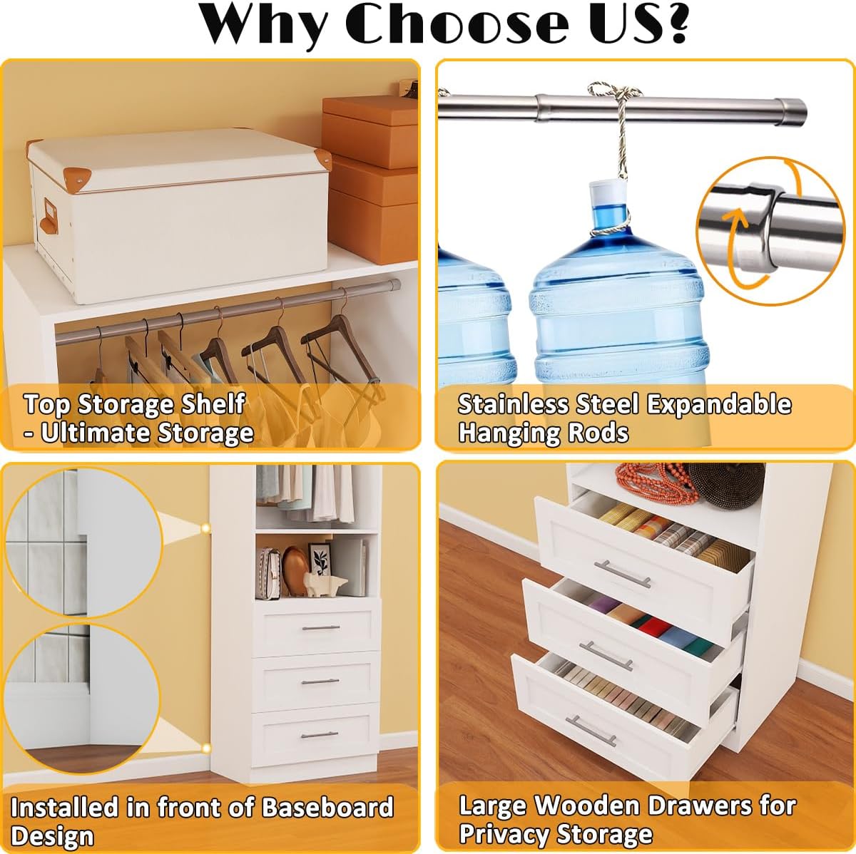 Closet System with 4 Sets, 8FT Closet Organizer Systems with 6 Wooden Drawers & 10 Hanging Rods, Walk in Closet Standalone Corner Closet System Modular Closet System Set White (8FT)