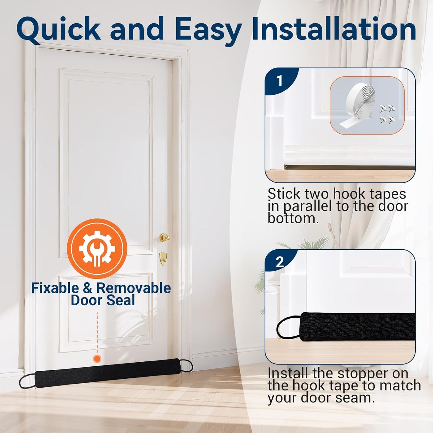 Door Draft Stopper for Bottom of Door, 36’’ Heavy Duty Under Door Draft Blocker Gap Filler, Door Seal for Noise Light Cold Air, with Adhesive Strips, Black