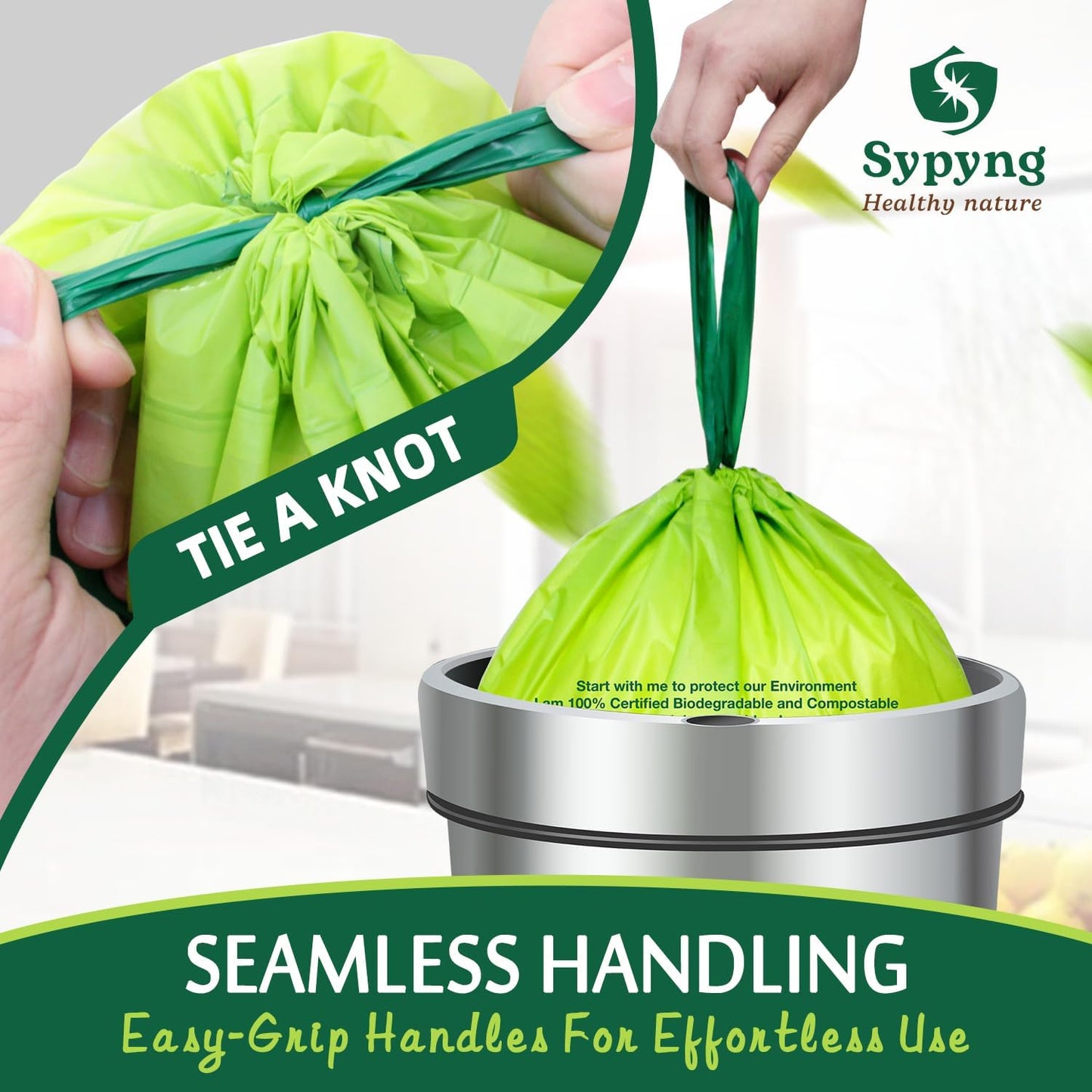 Compostable Kitchen Trash Bags 3-4 Gallon (100-Pack) - Heavy-Duty 1.1 Mil, 100% Biodegradable, ASTM D6400, BPI & OK Compost HOME Certified, Eco-Friendly, Leakproof & Odor Control