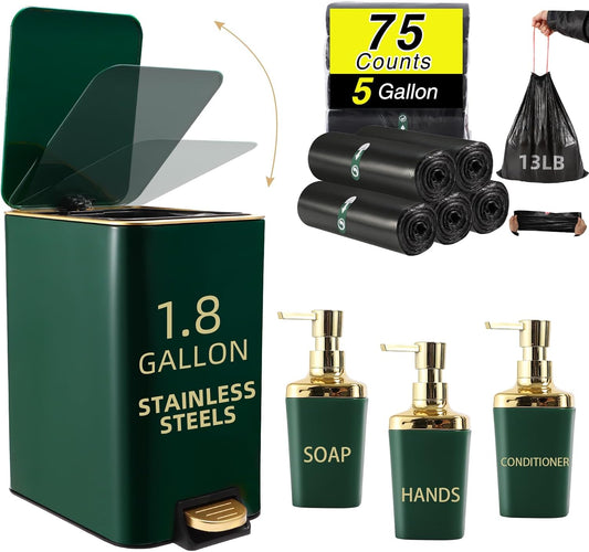 Small Bathroom Trash Can with Lid Soft Close, 1.8 Gallon Stainless Steel Garbage Can with Removable Inner Bucket,3PCS Soap Dispenser,75Count Trash Bag, Slim Step Pedal Trash Bins