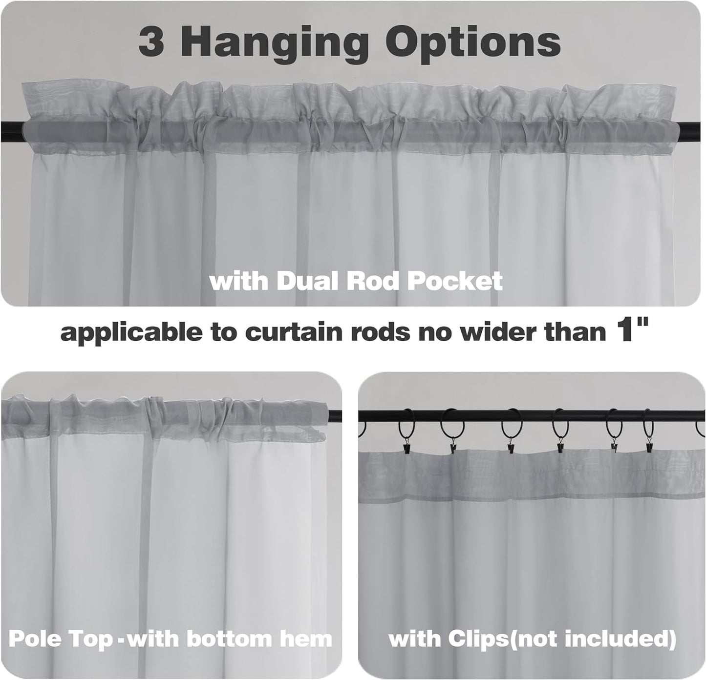 Chyhomenyc Light Grey Sheer Curtains 36 inch Length 2 Panels, Light Filtering Voile Rod Pocket Short Window Curtians for Bathroom Living Room Farmhouse Small Windows, 42Wx36L inches