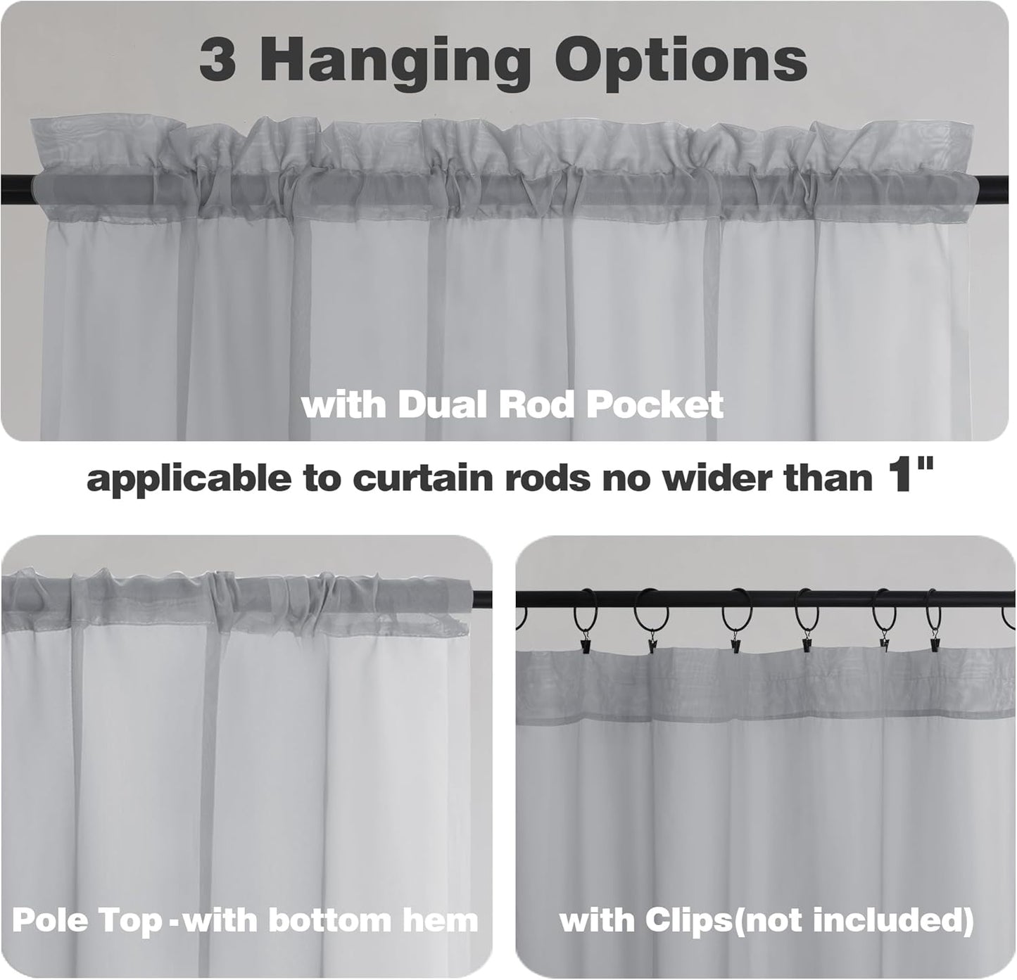 Chyhomenyc Sheer Valances for Windows 2 Pack, Small Window Curtains for Living Room Bathroom Cafe Laundry Basement, Modern Top Dual Rod Pocket Voile Curtain, 42W x 18L inches, Light Grey