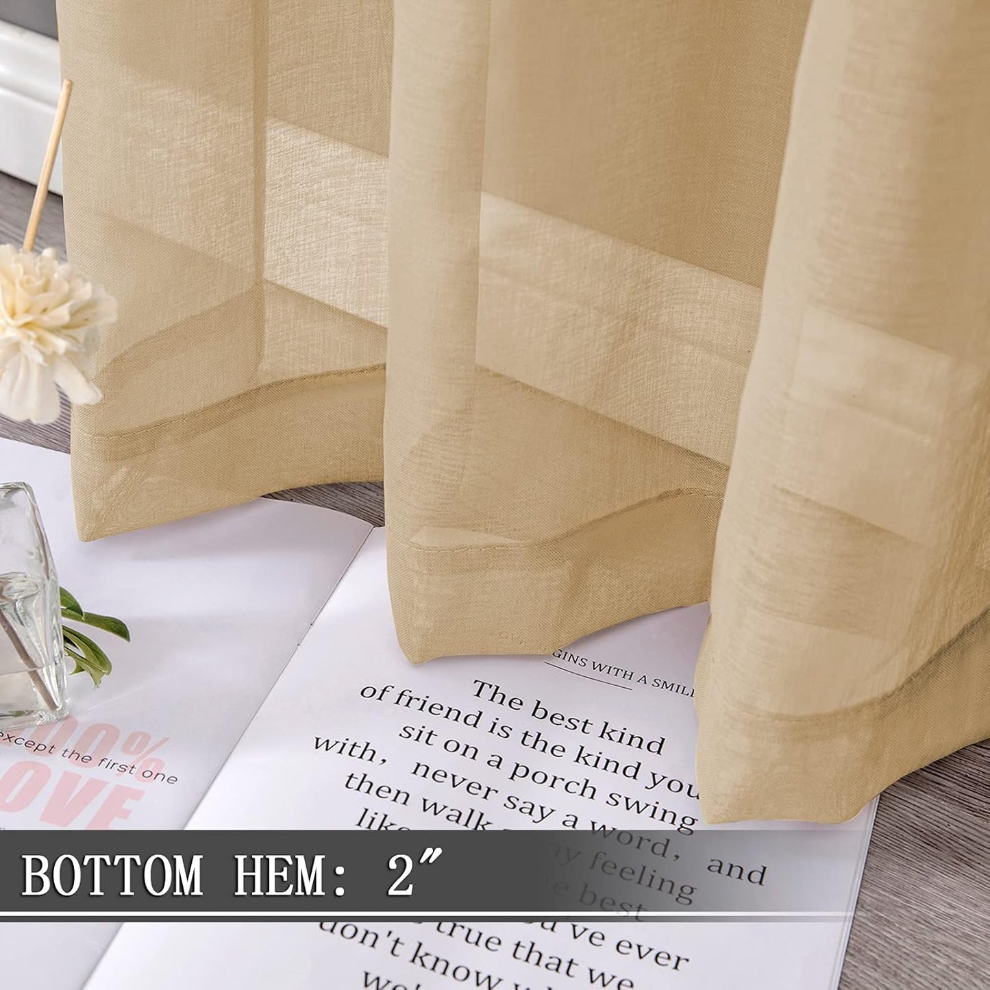 Tollpiz Sheer Curtain Linen Textured Living Room Curtains Sheer Light Filtering Rod Pocket Voile Curtain for Bedroom, 54 x 72 inches Long, Beige, Set of 2 Panels