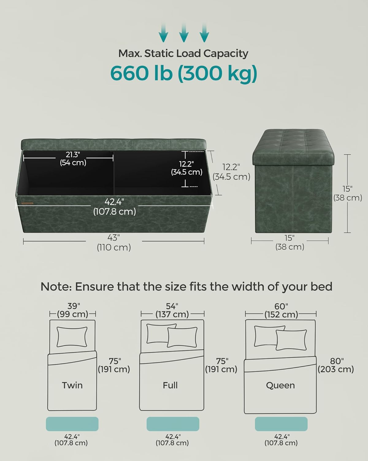 SONGMICS Mazie Collection - 43 Inches Folding Storage Ottoman Bench, Ottoman with Storage, Foot Rest Stool, Load 660 lb, for Living Room, Synthetic Leather, Forest Green ULSF070C01