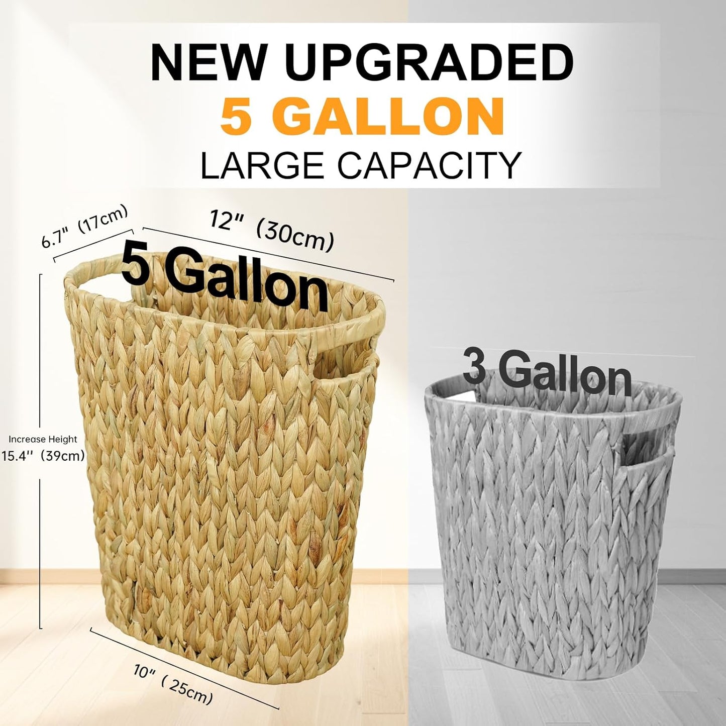 Wicker Trash Can,Bathroom Trash Can,Water Hyacinth Wicker Waste Basket for Bathroom,Handwoven Narrow Small Waste Basket for Bedroom,Office,5 Gallon