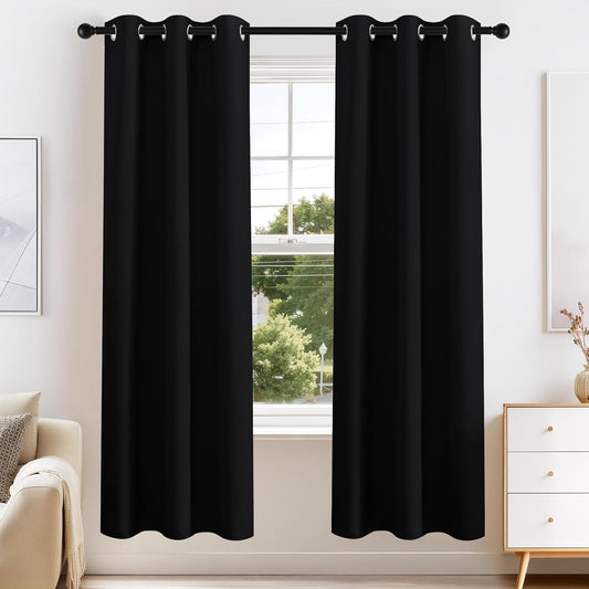 PONY DANCE Black Blackout Curtains for Bedroom 63 Inch Length 2 Panels Set, Thermal Insulated Energy Saving Grommet Top Window Treatment Drapes for Living Room, W34 x L63 Inch