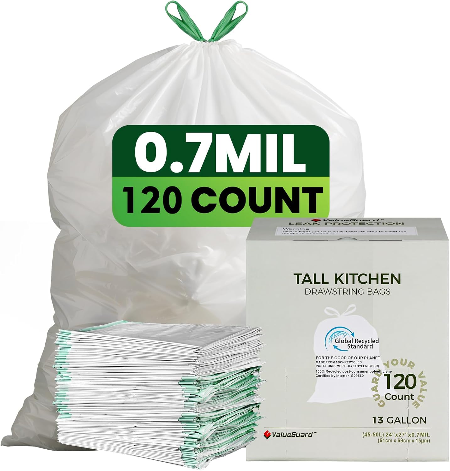 Large Trash Bag 13 Gallon Tall Drawstring 100% Post-Consumer Recycled Garbage Bag Waste Bag for Kitchen Office (120 Count, 0.7 Mil)