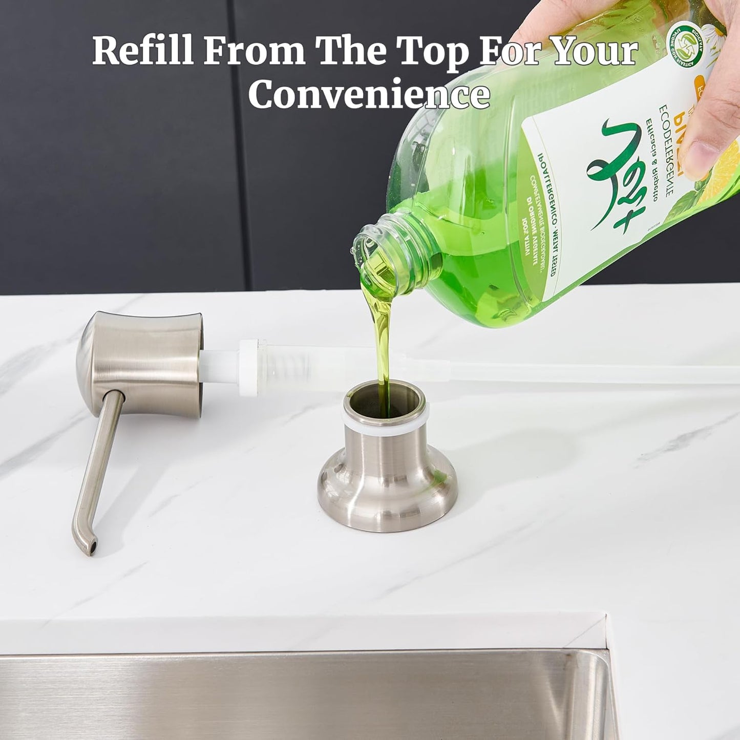 Soap Dispenser for Kitchen Sink Brushed Nickel, Built-in and Refill-from-Top Design with Liquid Hand & Dish Soap Bottle