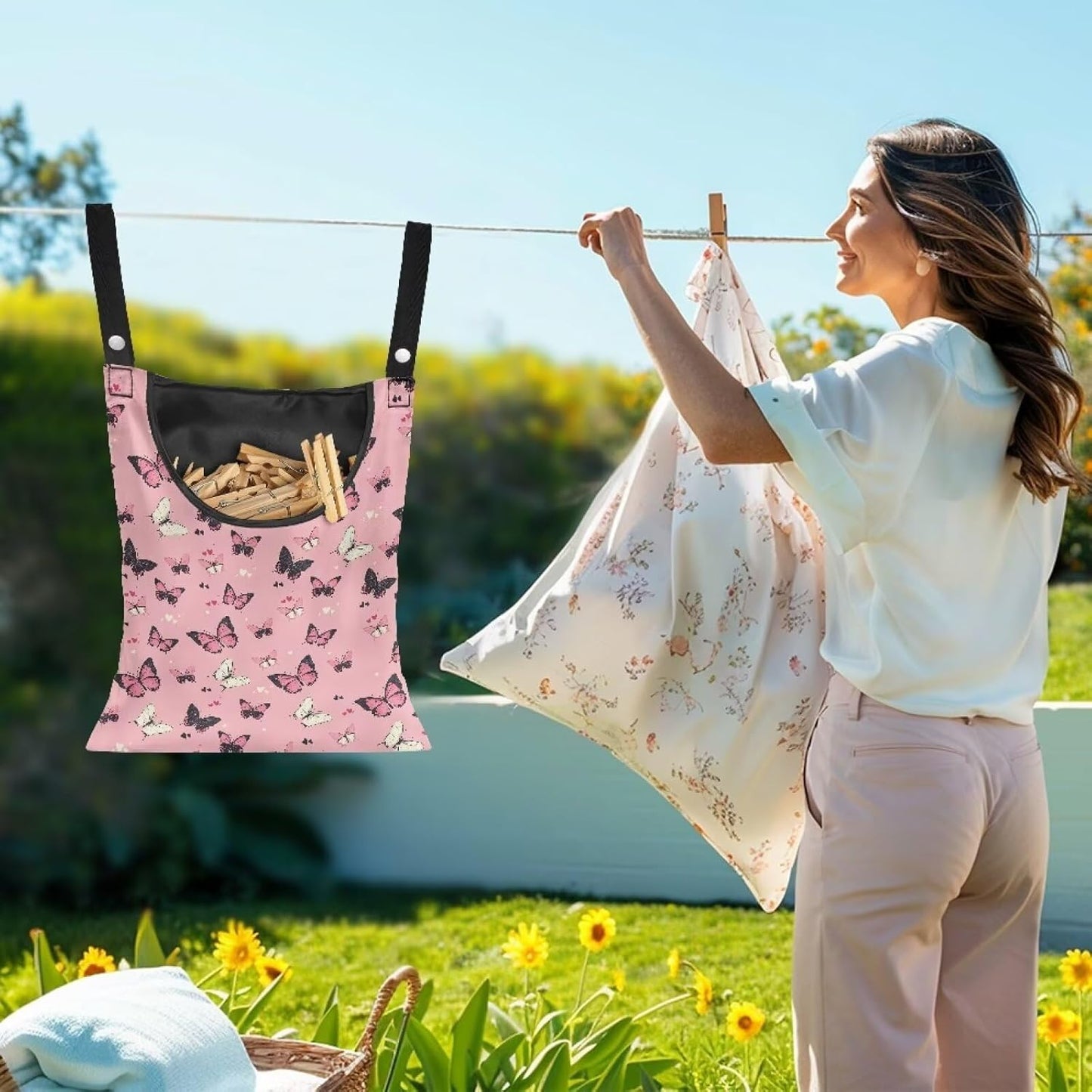 Butterfly Print Clothes Pin Hanging Bag, Stylish Clothespin Bag with Hanging Rope, Clothespin Organizer