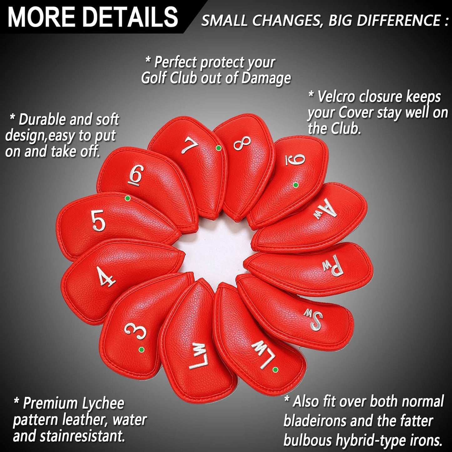 FINGER TEN Premium Synthetic Leather Stylish Iron & Wedge Golf Head Covers Value 12 Piece Set, Embroidered Labels & Fits Most Clubs Gift Set, Travel Protection Accessories