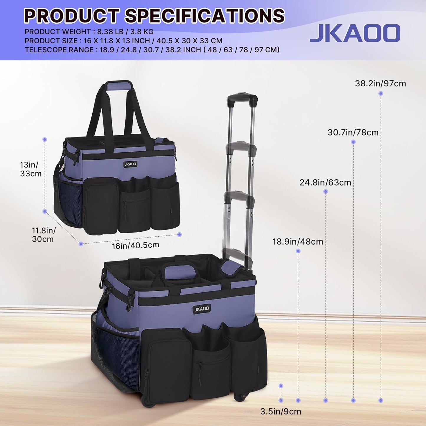 Large Rolling Cleaning Caddy Bag with Detachable Trolley, Waterproof Cleaning Caddy on Wheels for Housekeepers, Cleaning Cart Supplies Organizer for Home,Car,Office,Picnic (Denim Blue)(InPatent)