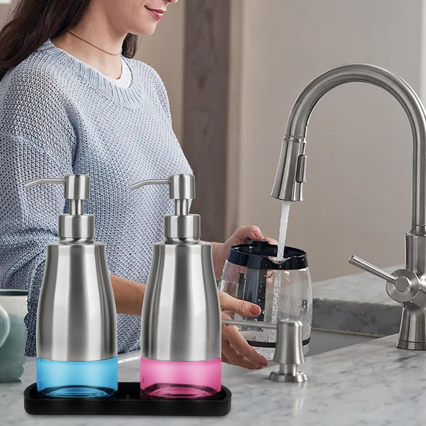 Gaussra Kitchen Soap Dispenser Set with Silicone Tray and Stickers - Brushed Nickel, Stainless Steel Glass Soap Dispenser Bathroom, Refillable Hand Dish Soap Dispenser for Kitchen Sink