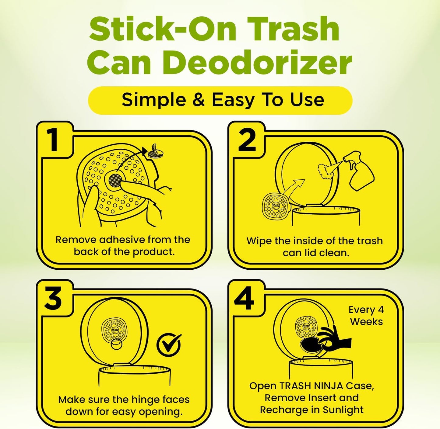 Trash Ninja Trash Odor Eliminator – Long-Lasting Citrus Scent Deodorizer with Activated Charcoal, Stick-On Freshener for Garbage Can, Fridge, Bathroom, Kitchen, and Diaper Pail Odors