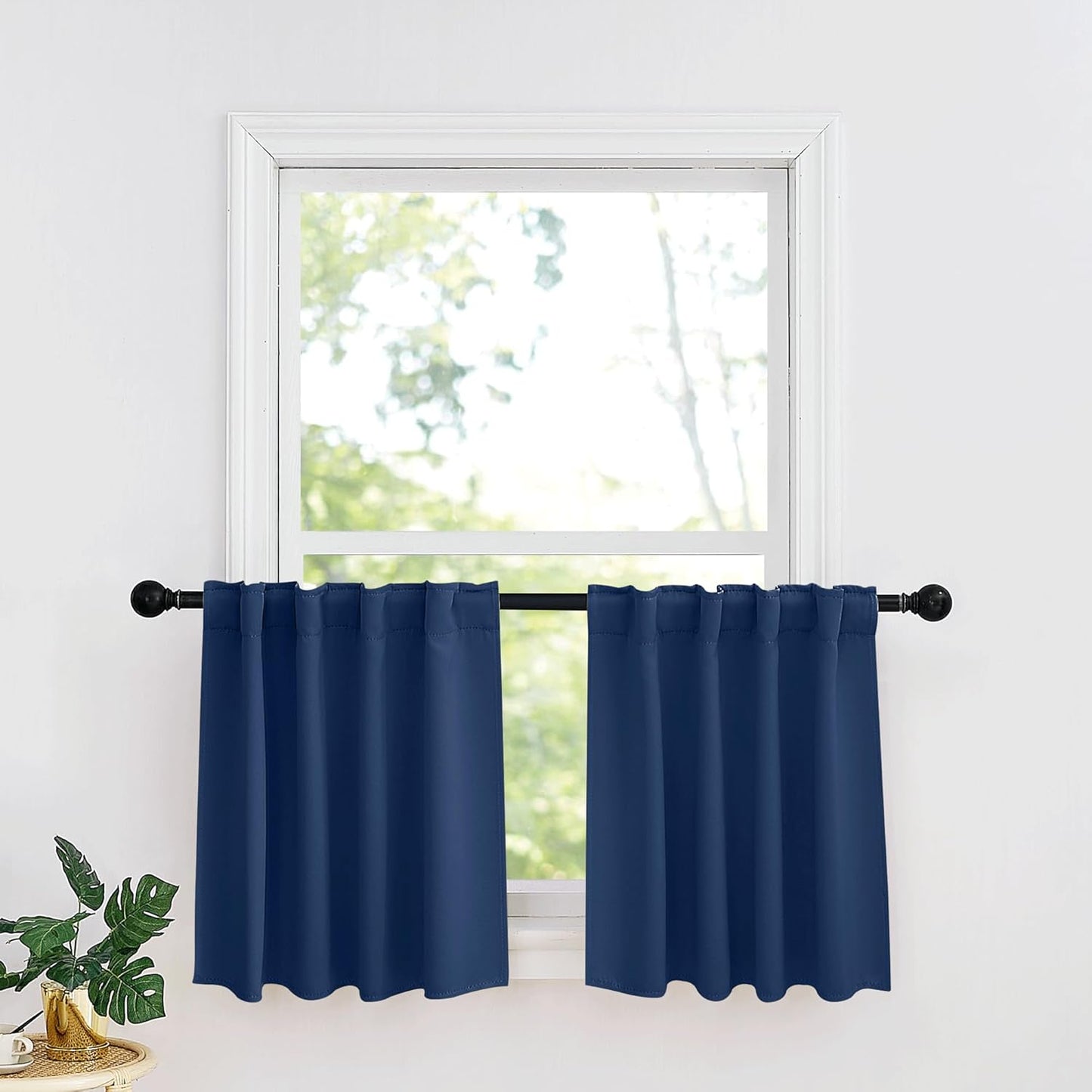 RYB HOME Small Window Curtains - Blackout Insualting Privacy Curtains for Kids Bedroom Kitchen Bathroom Basement Cafe Cabinet Tiers Drapes, 34 Width x 24 Length, 2 Panels, Navy Blue
