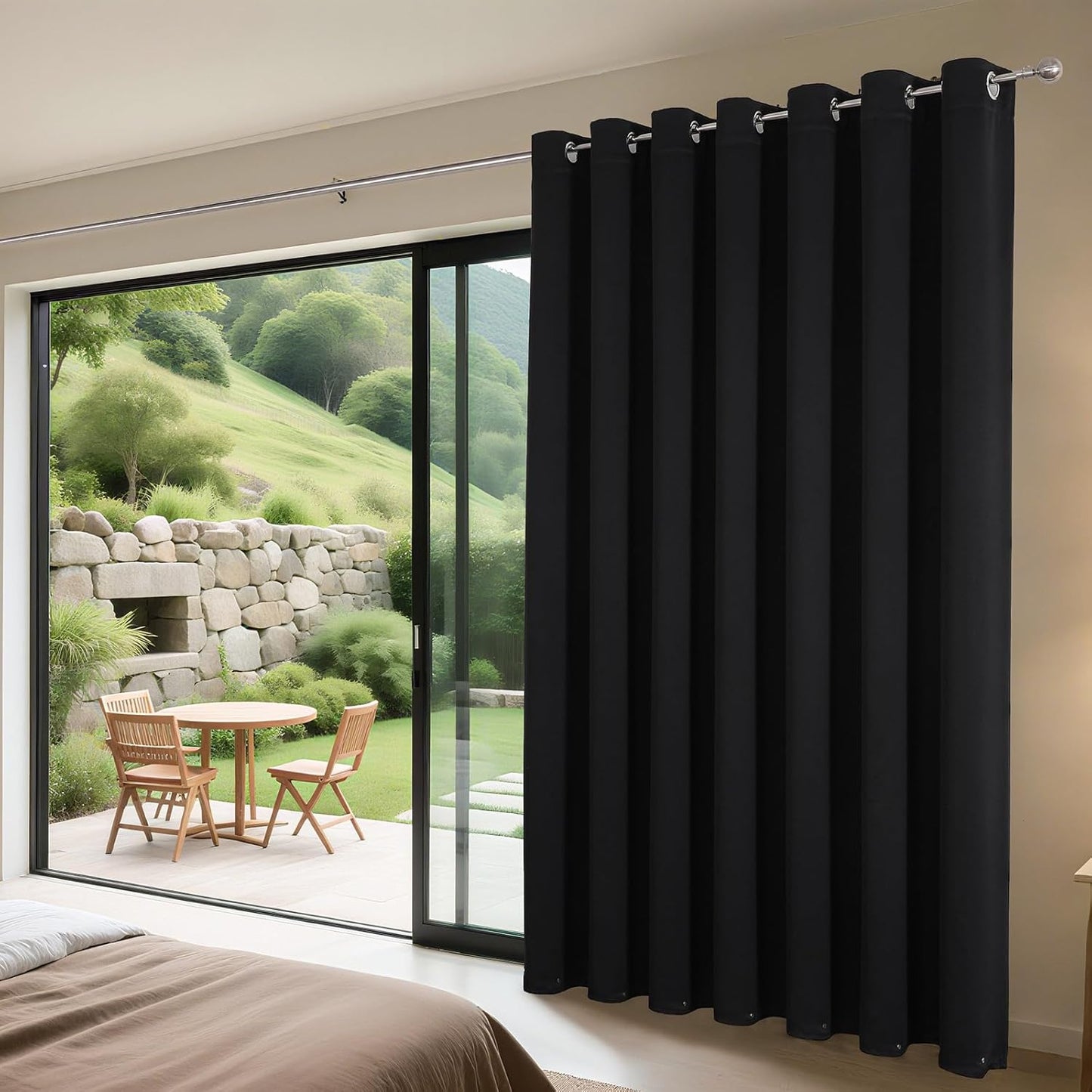 Joydeco Blackout Patio Sliding Door Curtains 96 Inches Long, Grommet Privacy Room Divider Curtains, Extra Wide Thermal Blackout Drapes for Bedroom Living Room (Black, 70Wx96L, 1 Panel)