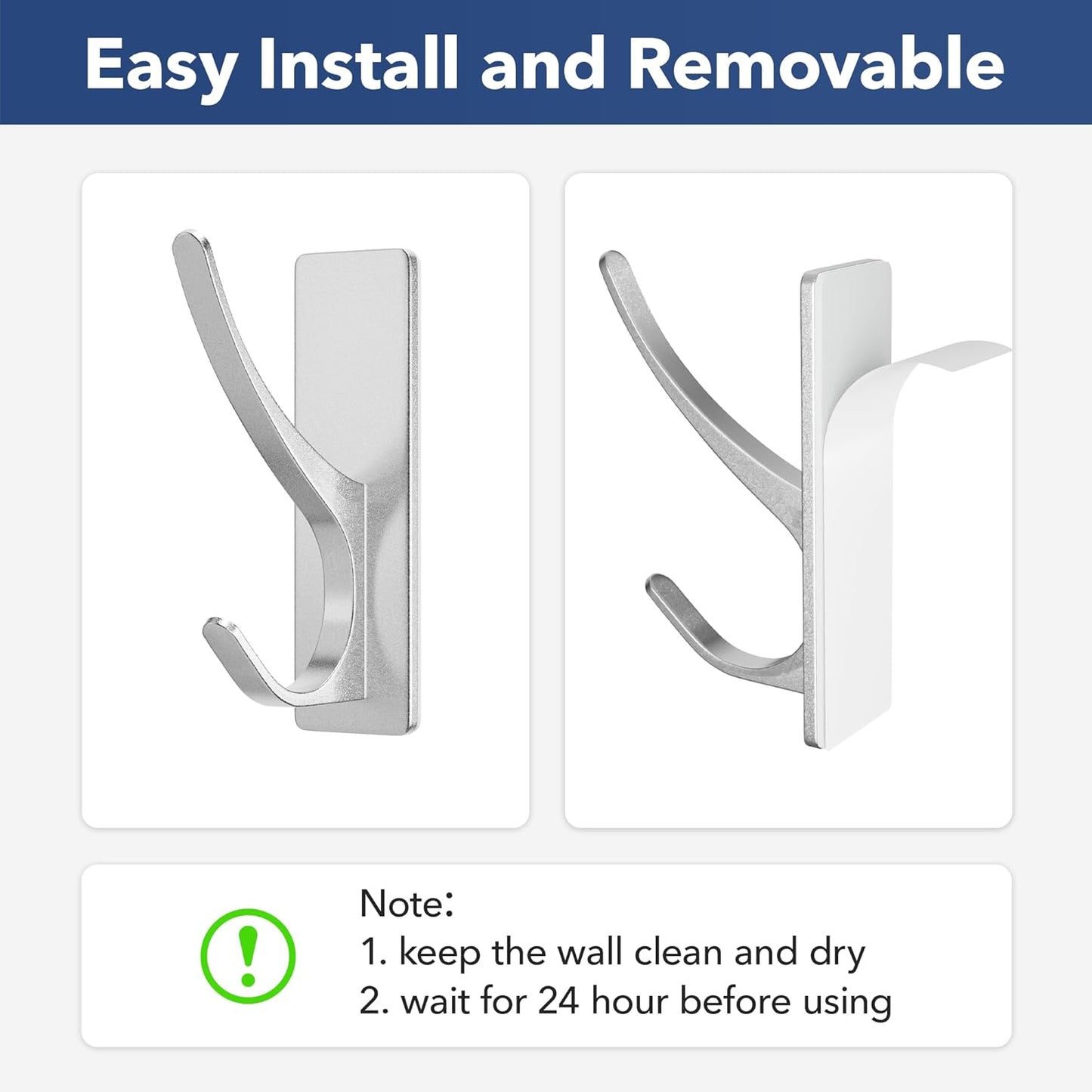 Self-Adhesive Coat Hooks for Hanging - Heavy Duty Stainless Double Wall Hook for Towel, Backpack, Hat, Sturdy Metal Hanger for Bathroom, Bedroom, Door, Wall Mounted, 10-Pack, Silver