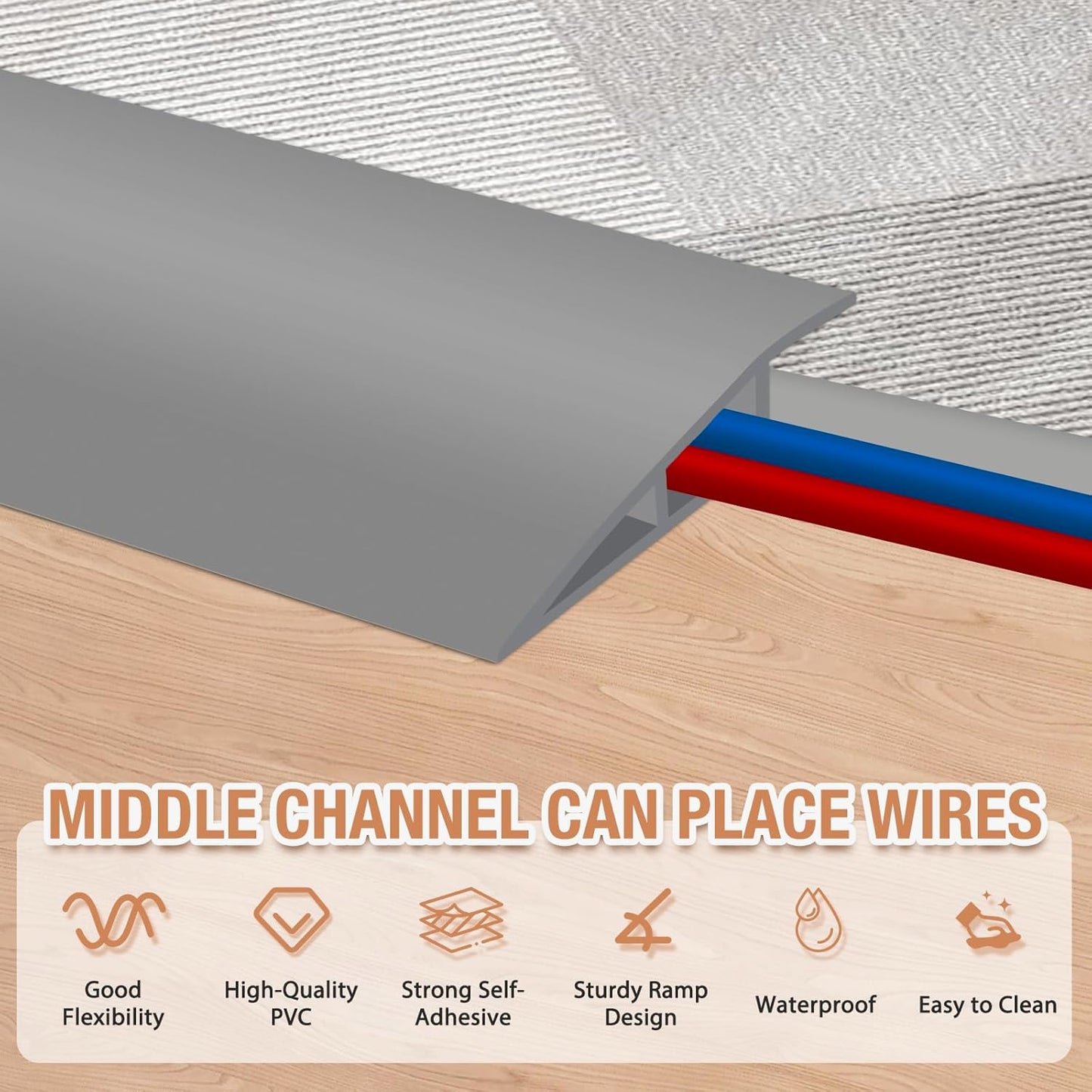 Floor Transition Strip Self Adhesive Vinyl Door Threshold for Doorways Carpet Edging Trim Overlap Edge Reducer for Laminate Floor, Carpet, Tile (Gray, 3/5" to 4/5", 6.6Ft)