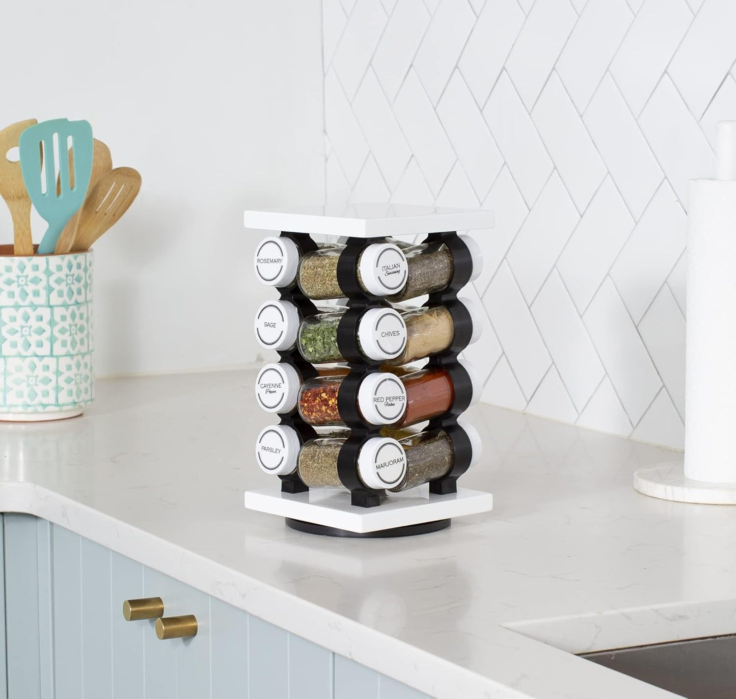 Orii Spice Rack 16 Jar Set White Filled with Spices - Rotating Standing Rack Shelf Holder & Countertop Spice Rack Tower Organizer for Kitchen Spices