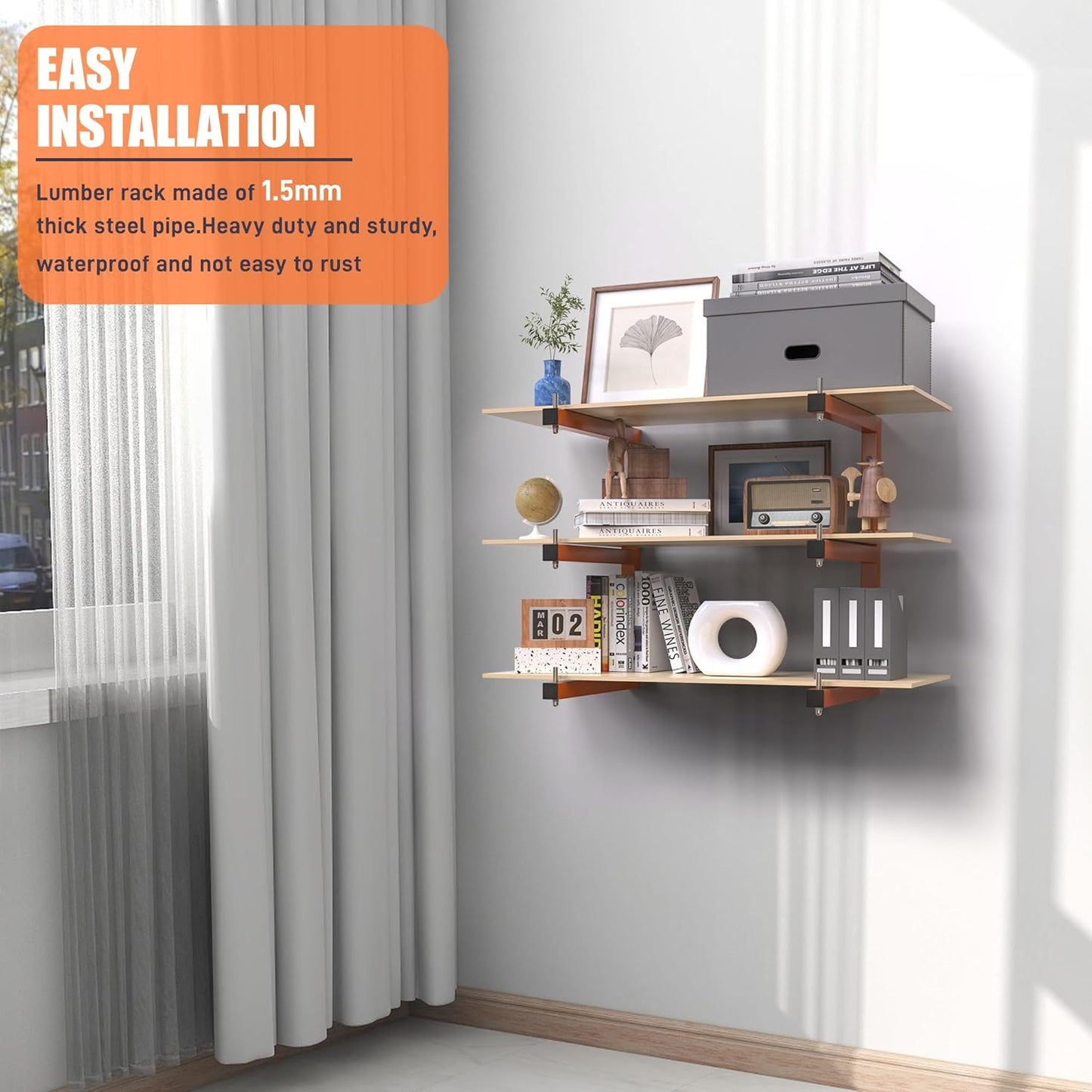 Lumber Rack Wall-Mounted Lumber Storage Rack, Heavy Duty Wood Storage Racks with 9-Level System, 1980 LB Sturdy Garage Wood Organizer, Orange Lumber Metal Racks for Indoor and Outdoor (6 Pack)