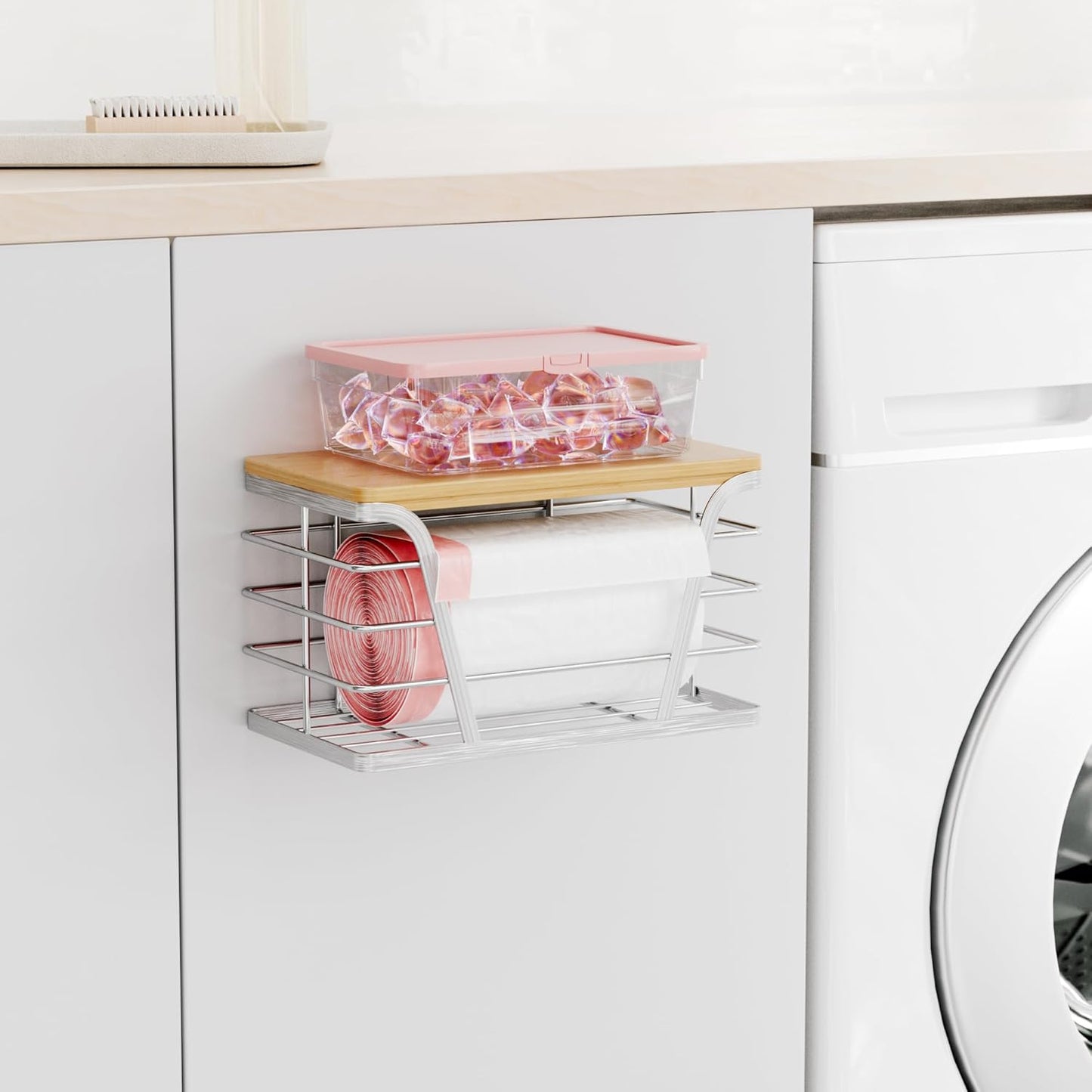 Small Bag Holder，Plastic Bag Holder with Removable Bamboo Top, No Drill, 304 Stainless Steel