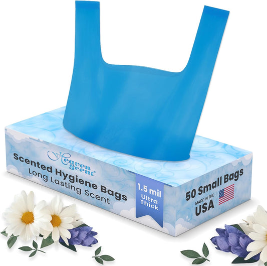 Heaven Scent Hygiene Bags 1.5MIL ULTRA-THICK Discreet Waste Disposal | MADE IN THE USA | Mild Baby Powder Scented Trash Bags for Adult Briefs & Feminine Products - Small, 50 Bags
