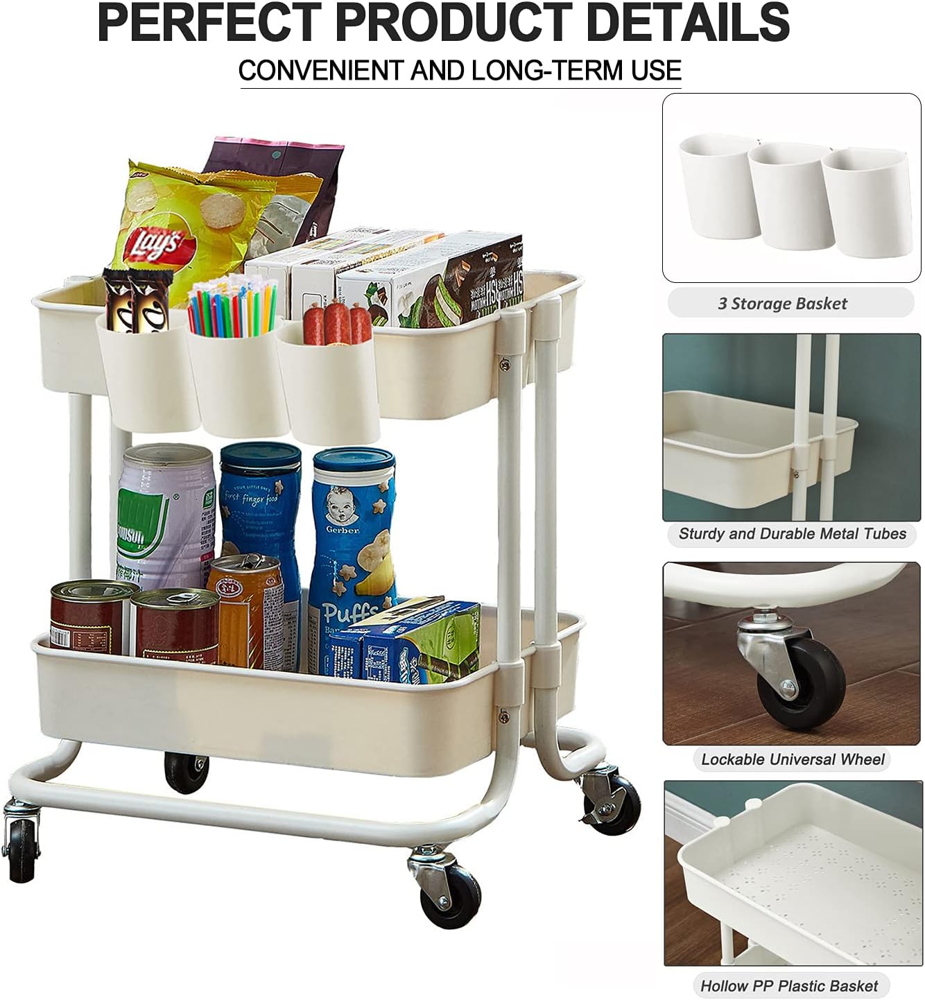 2-Tier Utility Rolling Cart Storage Sofa Side Table with Wheels, Mobile Trolley Organizer with for Office Home Kitchen Organization, Cream White